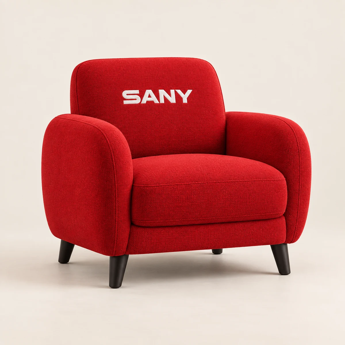 A complete red SANY armchair, with its seat, arms and legs visible